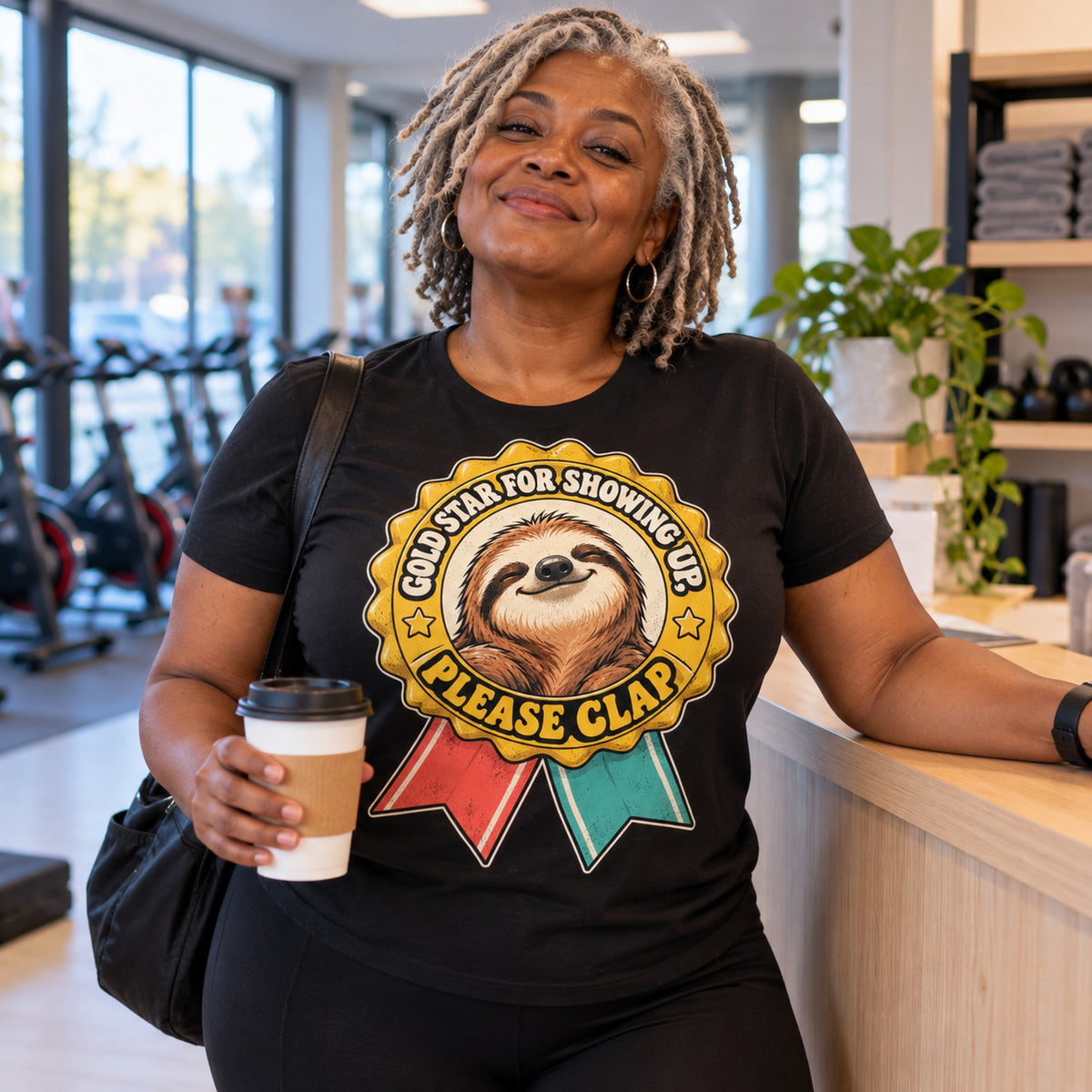 Woman wearing the Medal Sloth design black t-shirt at a gym reception holding a takeaway coffee