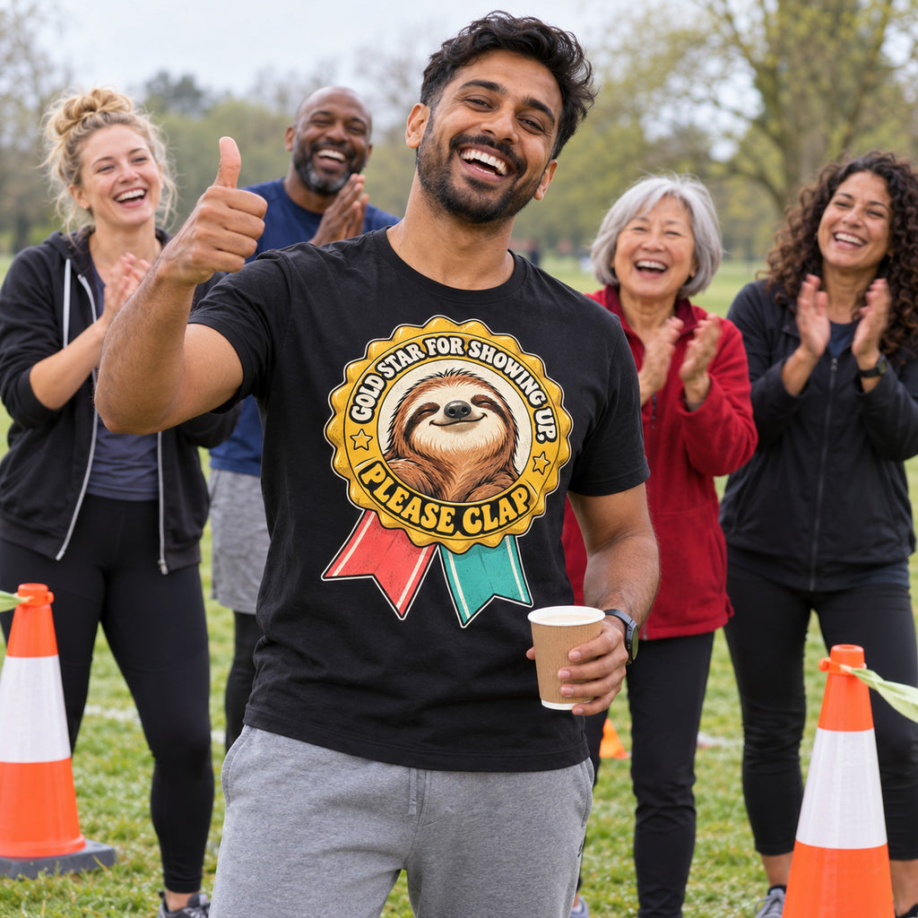 Friends cheering at a park run finish, man in front wearing the Medal Sloth design black t-shirt