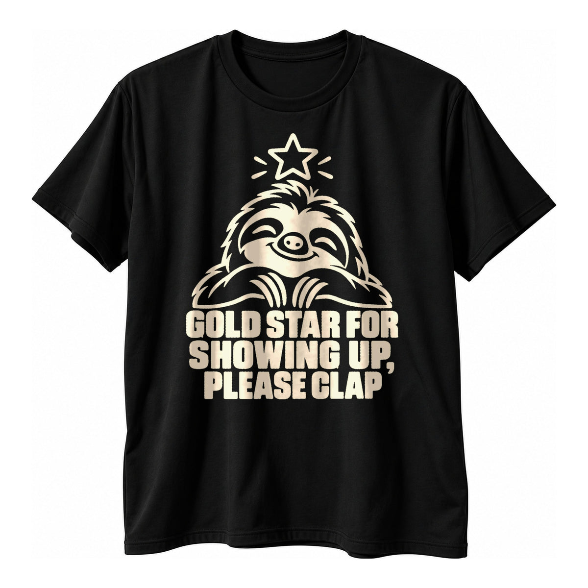Black t-shirt with a cream outline drawing of a smiling sloth under a star above the text Gold Star For Showing Up Please Clap in cream capitals