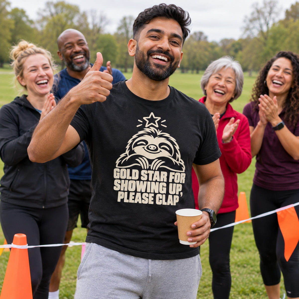 Friends cheering at a park run finish, man in front wearing the Line Sloth design black t-shirt