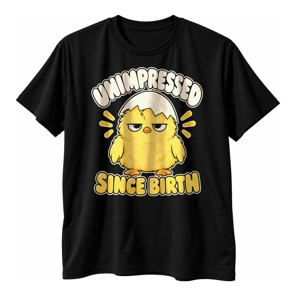 Black t-shirt with a fluffy yellow chick wearing half an eggshell as a hat above the text Unimpressed Since Birth