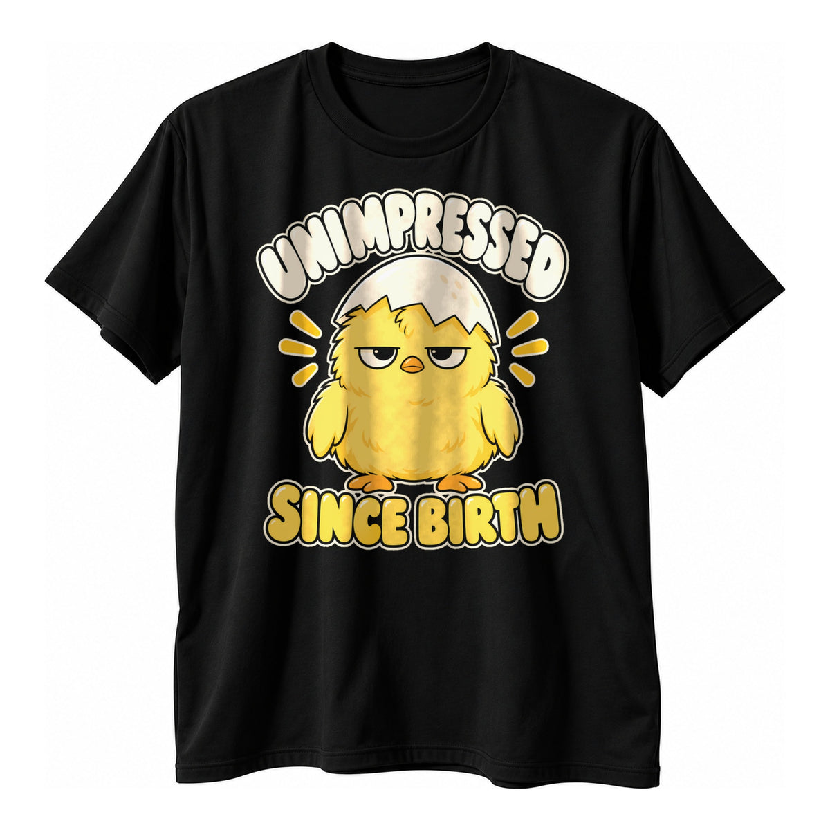 Black t-shirt with a fluffy yellow chick wearing half an eggshell as a hat above the text Unimpressed Since Birth