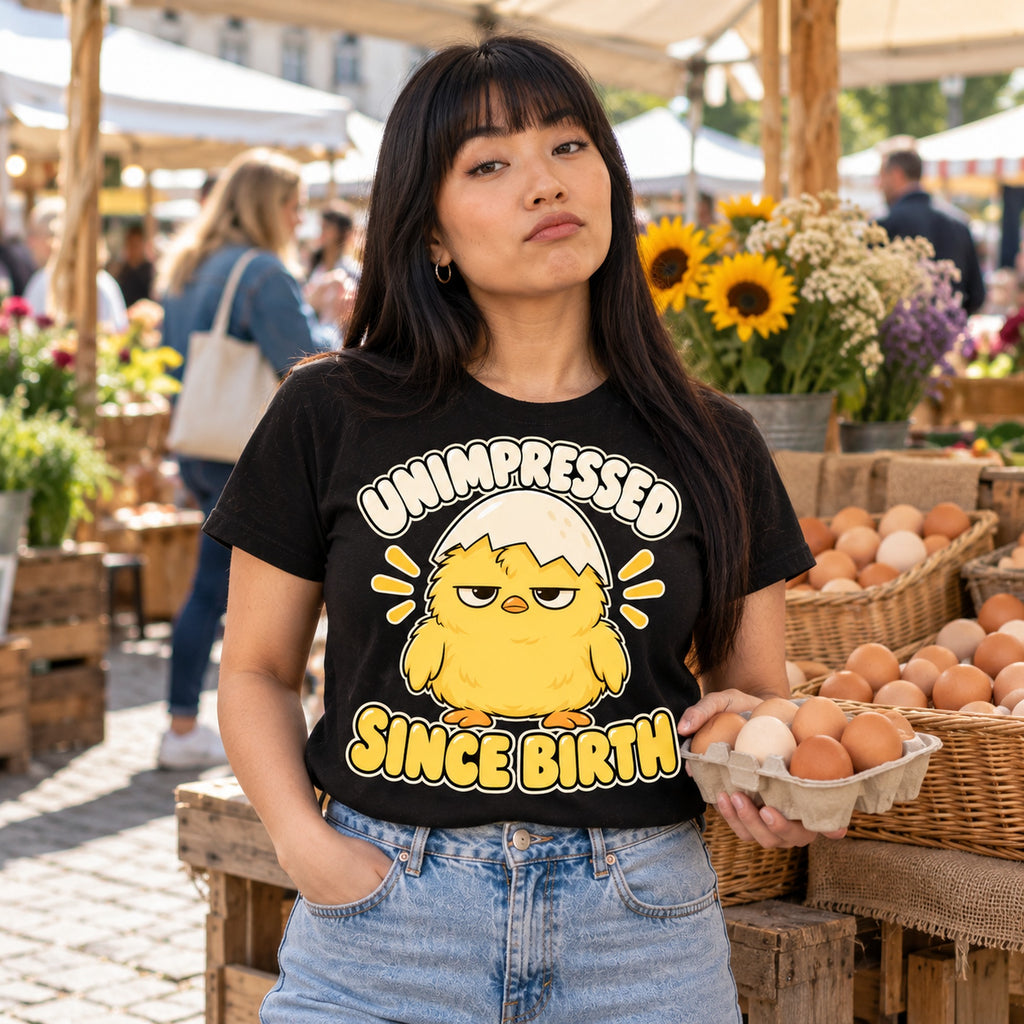 Woman wearing the Deadpan Chick design black t-shirt at a farmers market stall holding a box of eggs