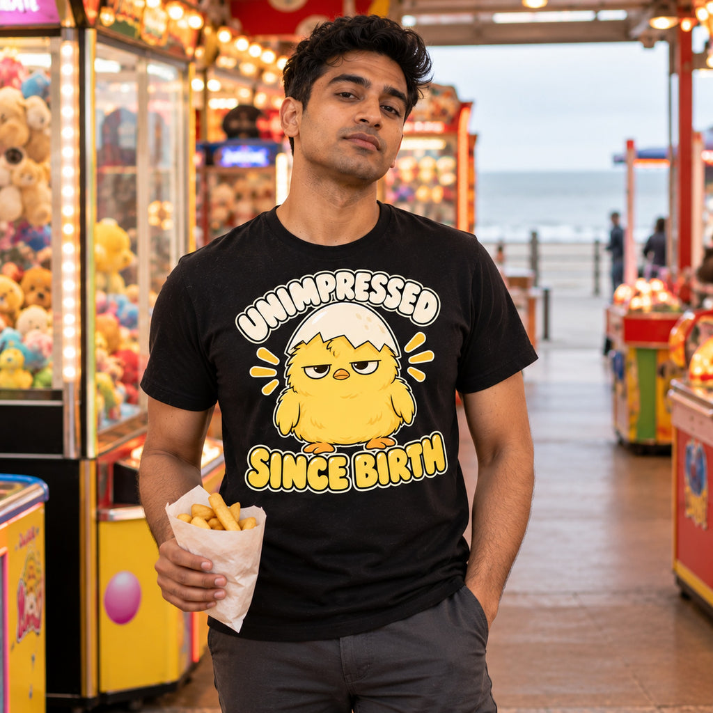 Man wearing the Deadpan Chick design black t-shirt in a seaside arcade holding a bag of chips