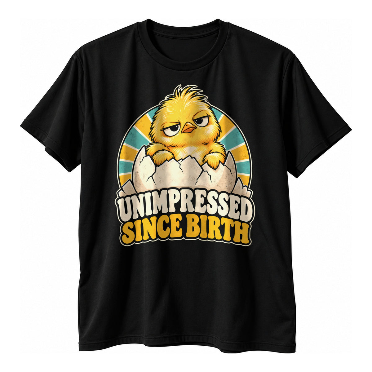 Black t-shirt with a grumpy chick in a cracked egg on a retro sunburst circle above the text Unimpressed Since Birth