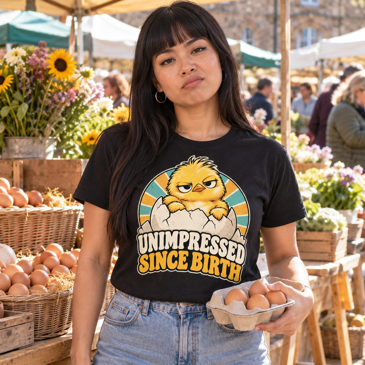 Woman wearing the Retro Egg design black t-shirt at a farmers market stall holding a box of eggs
