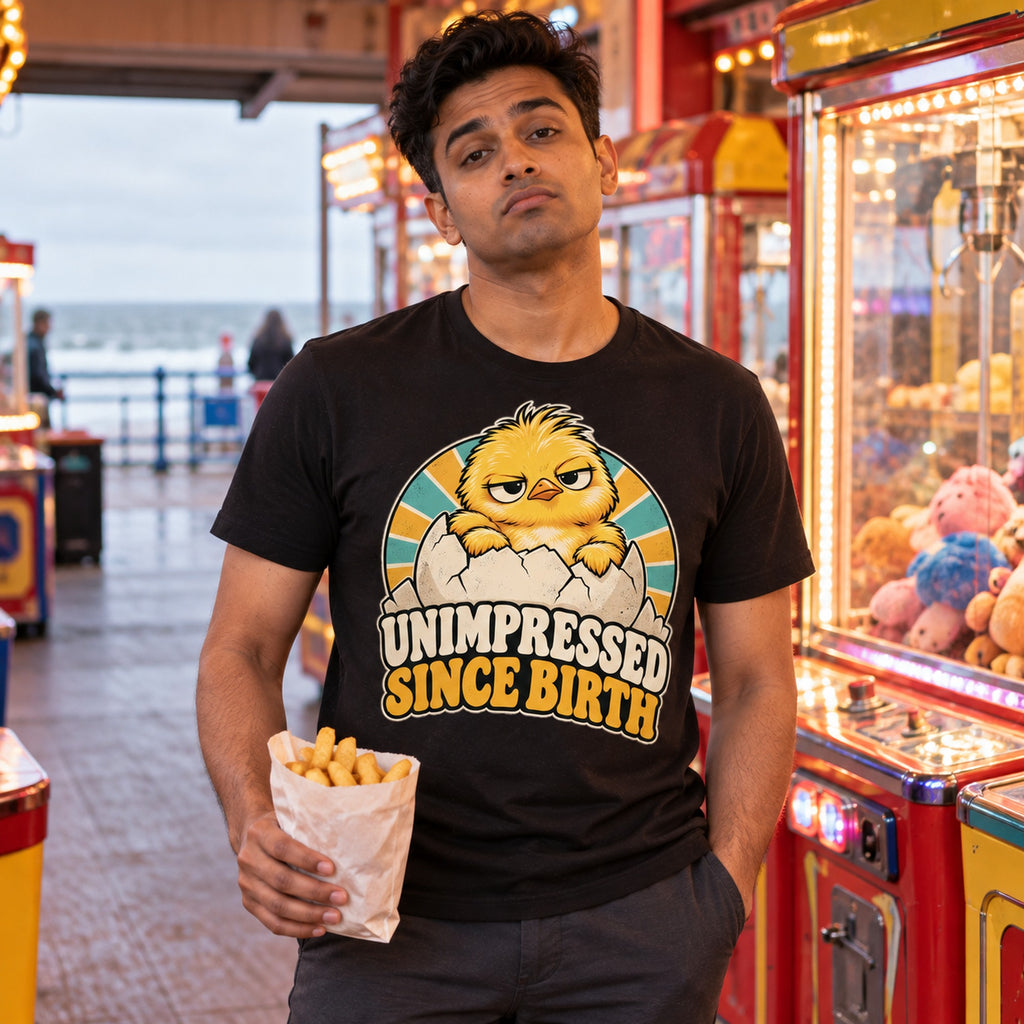 Man wearing the Retro Egg design black t-shirt in a seaside arcade holding a bag of chips