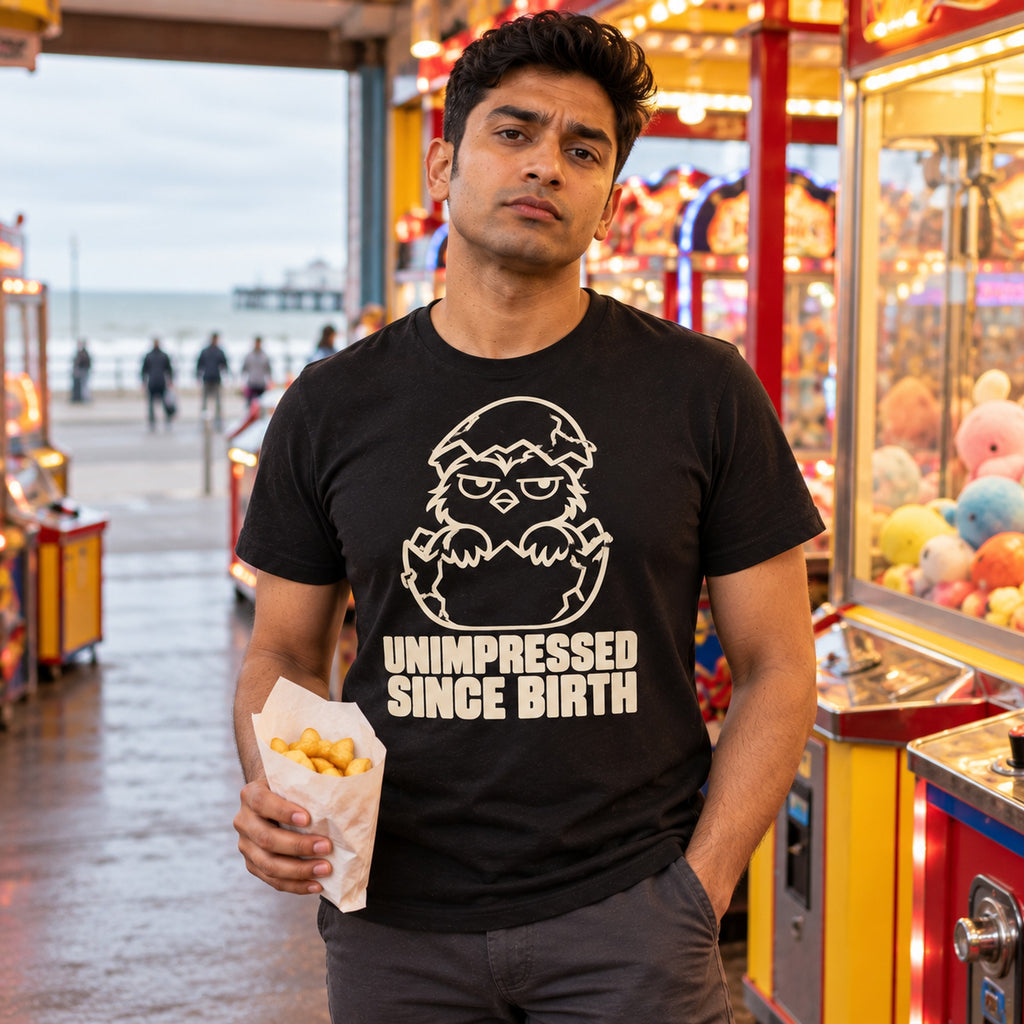 Man wearing the Line Chick design black t-shirt in a seaside arcade holding a bag of chips