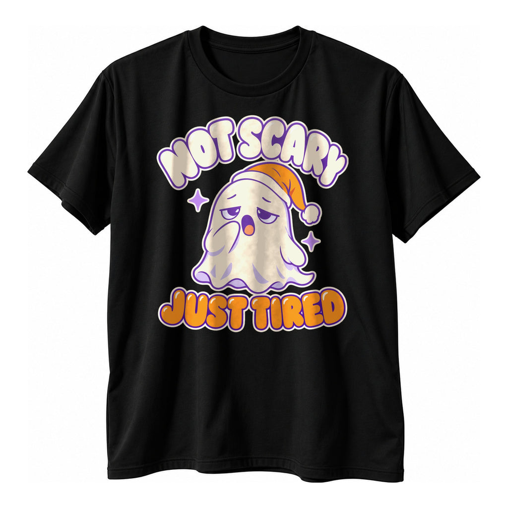 Black t-shirt with a sleepy cream ghost in an orange nightcap above the text Not Scary Just Tired