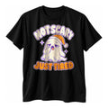 Black t-shirt with a sleepy cream ghost in an orange nightcap above the text Not Scary Just Tired