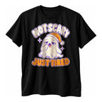 Black t-shirt with a sleepy cream ghost in an orange nightcap above the text Not Scary Just Tired