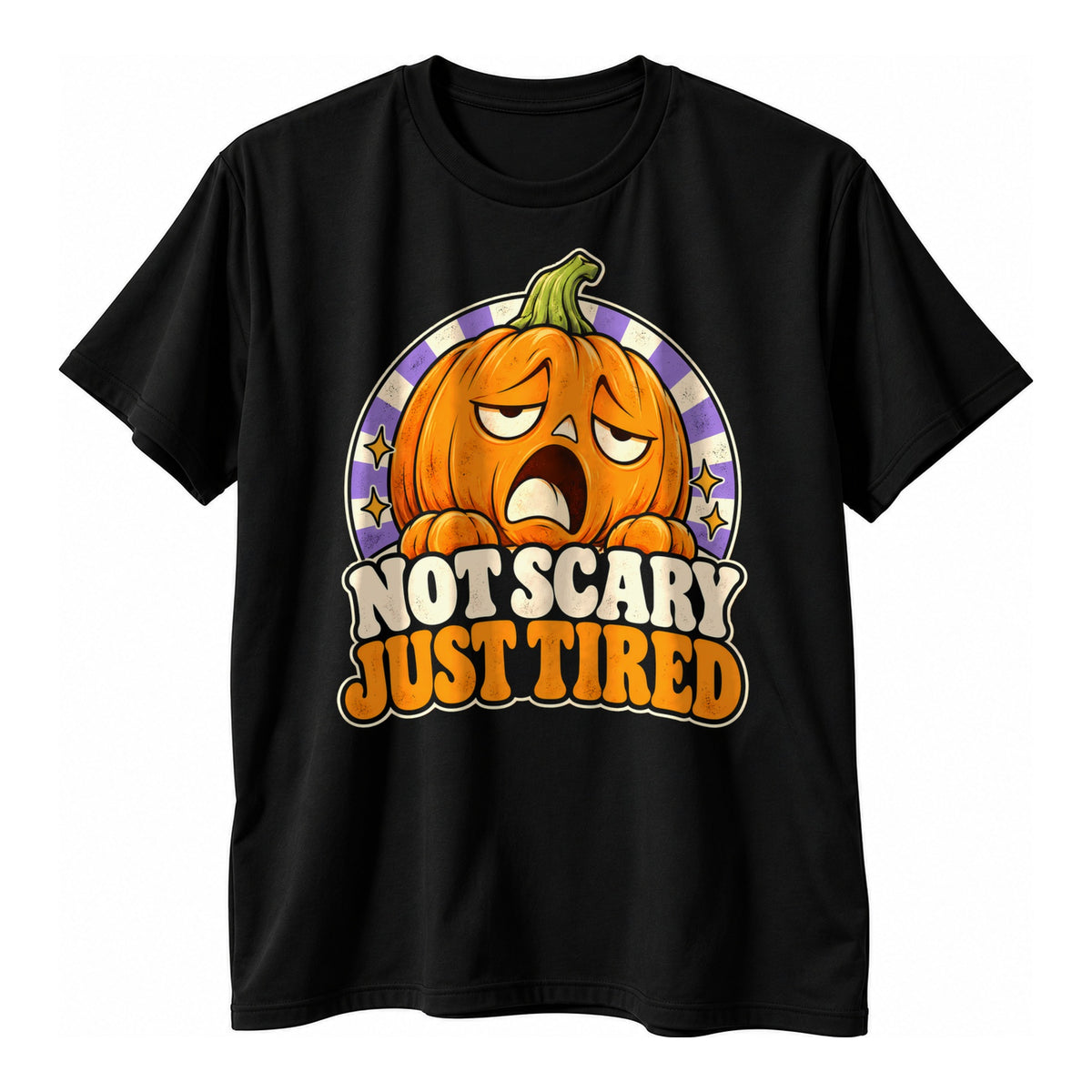 Black t-shirt with a yawning jack o lantern on a purple sunburst circle above the text Not Scary Just Tired