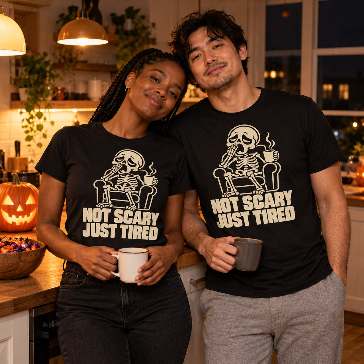 Couple wearing the Line Skeleton design black t-shirt in a cosy kitchen on Halloween night holding mugs