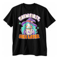 Black t-shirt with a smiling teal haired sorceress hugging a coffee mug above the text Brew First Hex Later