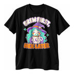 Black t-shirt with a smiling teal haired sorceress hugging a coffee mug above the text Brew First Hex Later