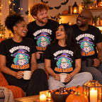 Group of friends wearing the Coffee Witch design black t-shirt at a cosy Halloween house party holding mugs