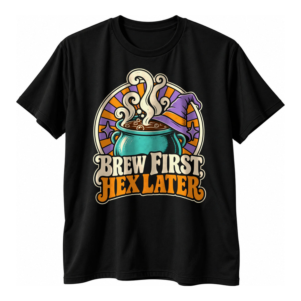 Black t-shirt with a bubbling teal cauldron and purple hat on a sunburst circle above the text Brew First Hex Later