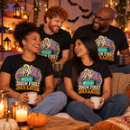 Group of friends wearing the Cauldron Badge design black t-shirt at a cosy Halloween house party holding mugs