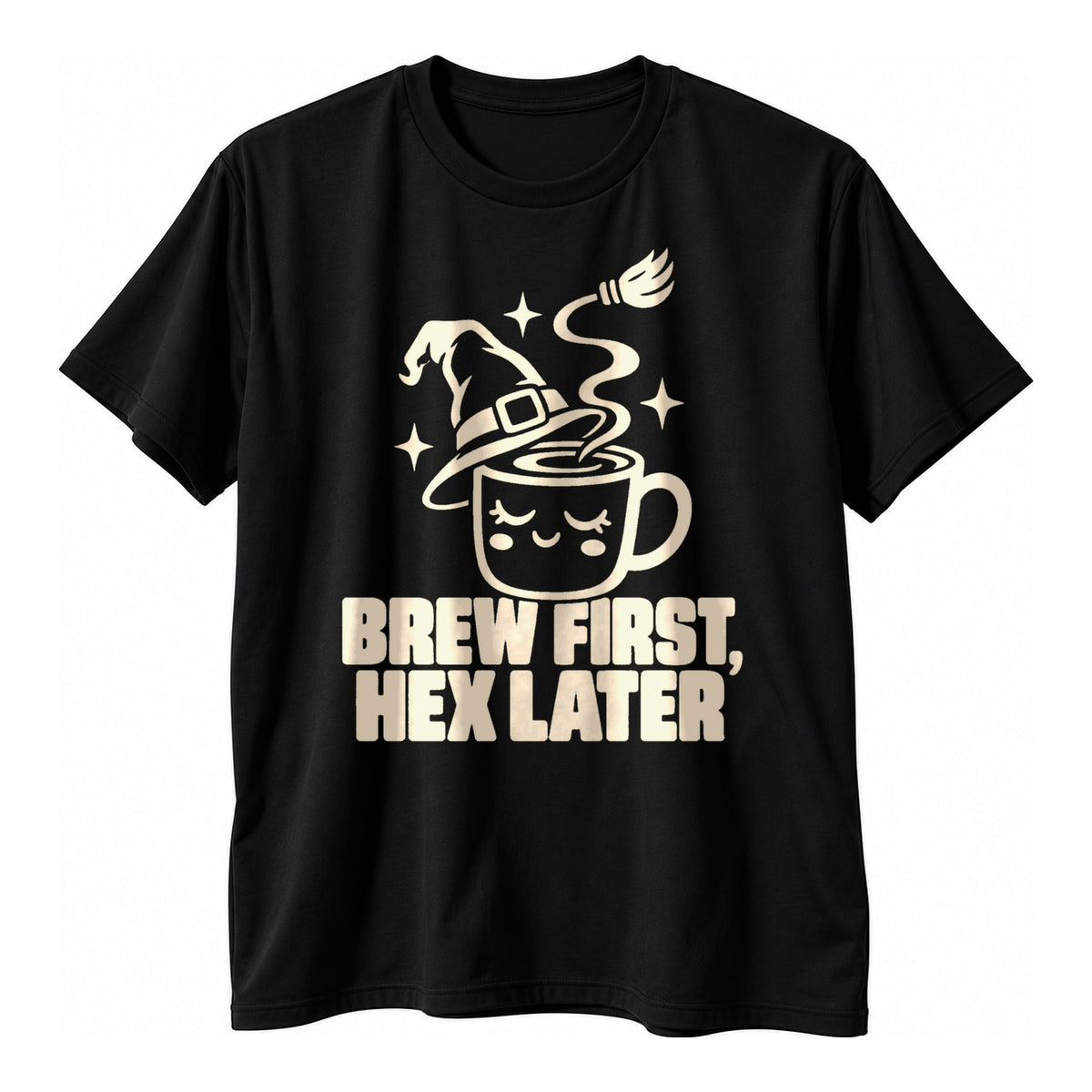 Black t-shirt with a cream outline mug in a pointy hat and a steam broom above the text Brew First Hex Later