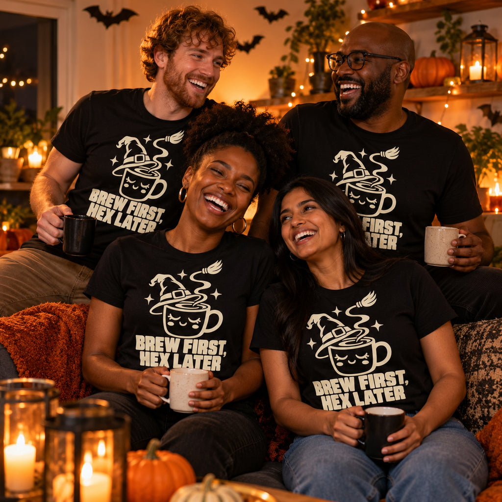 Group of friends wearing the Witch Hat Mug design black t-shirt at a cosy Halloween house party holding mugs