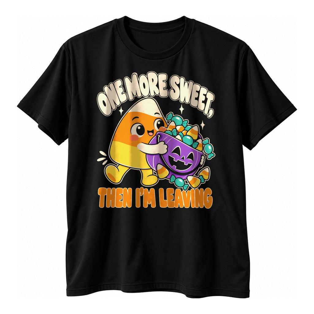 Black t-shirt with a happy yellow orange and cream striped character hugging a purple trick or treat pail above the text One More Sweet Then I'm Leaving