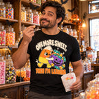 Man wearing the Candy Corn design black t-shirt in an old fashioned sweet shop holding a bag of sweets