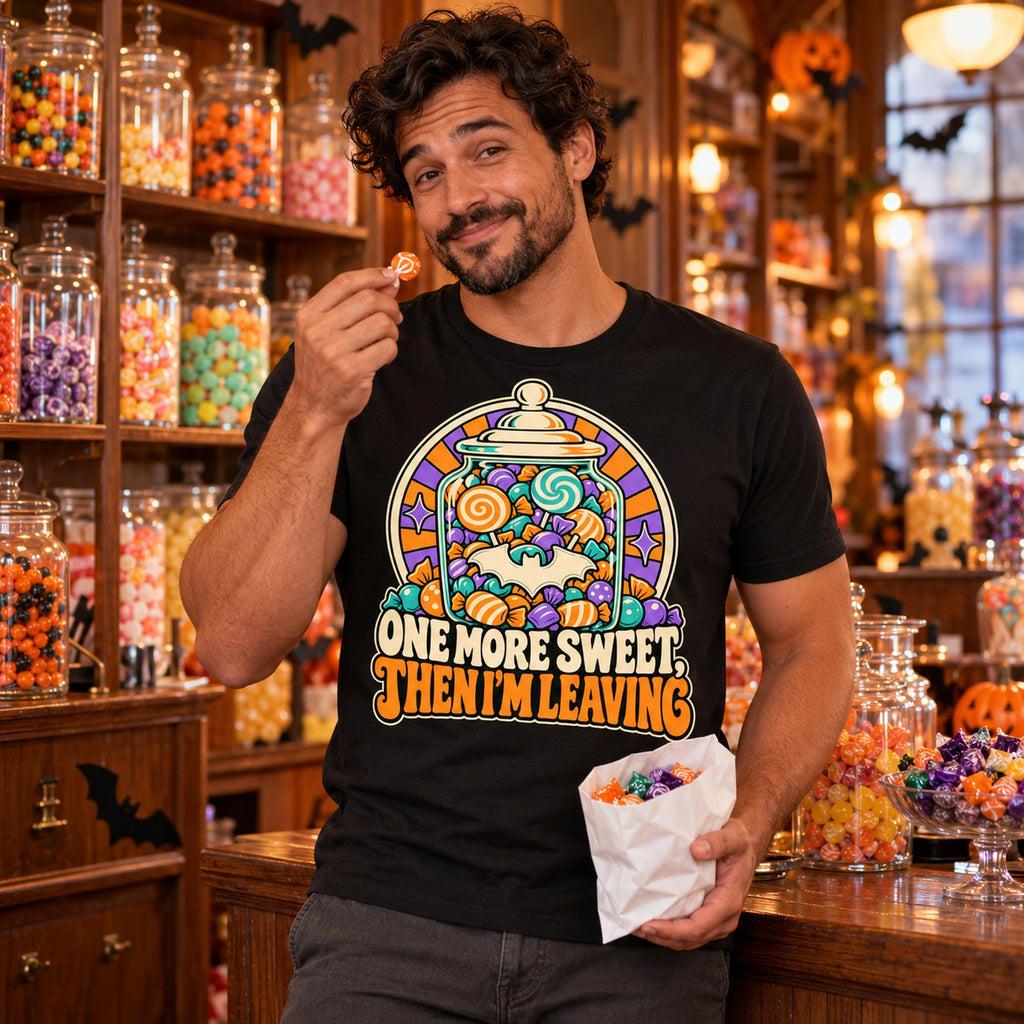 Man wearing the Sweet Jar design black t-shirt in an old fashioned sweet shop holding a bag of sweets
