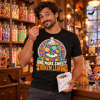 Man wearing the Sweet Jar design black t-shirt in an old fashioned sweet shop holding a bag of sweets