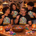 Family wearing the Sweet Jar design black t-shirt at a kitchen table sorting trick or treat sweets
