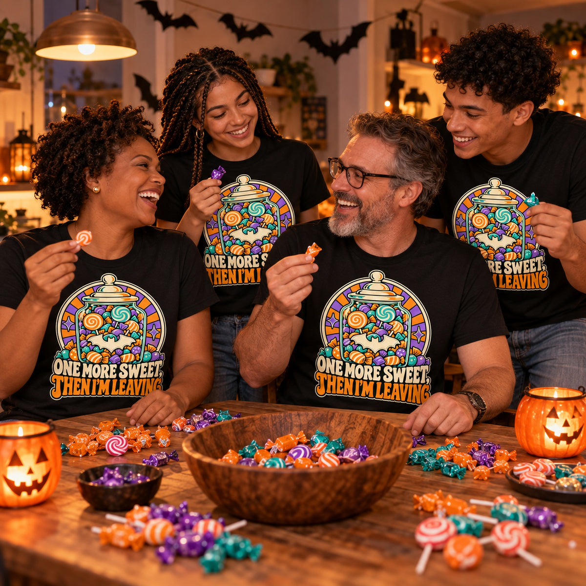 Family wearing the Sweet Jar design black t-shirt at a kitchen table sorting trick or treat sweets