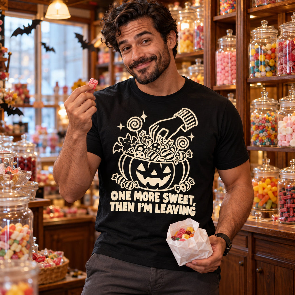 Man wearing the Sweets Bowl design black t-shirt in an old fashioned sweet shop holding a bag of sweets