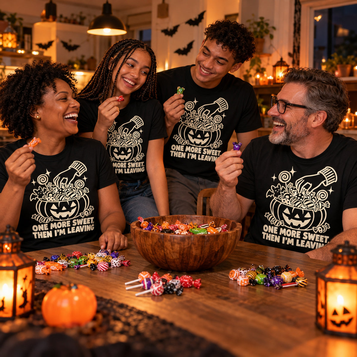 Family wearing the Sweets Bowl design black t-shirt at a kitchen table sorting trick or treat sweets