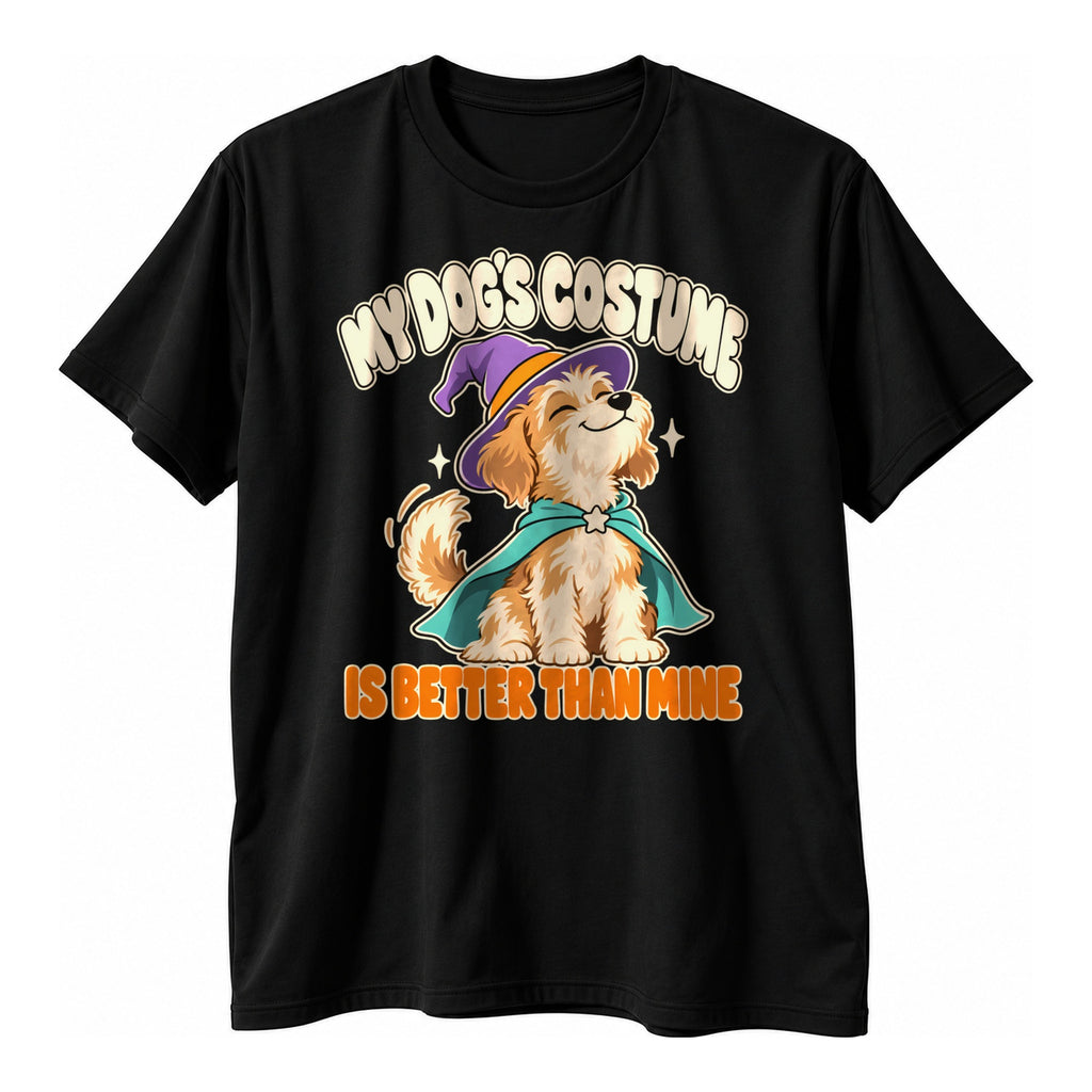 Black t-shirt with a smug scruffy terrier in a purple pointed hat and teal cape above the text My Dog's Costume Is Better Than Mine
