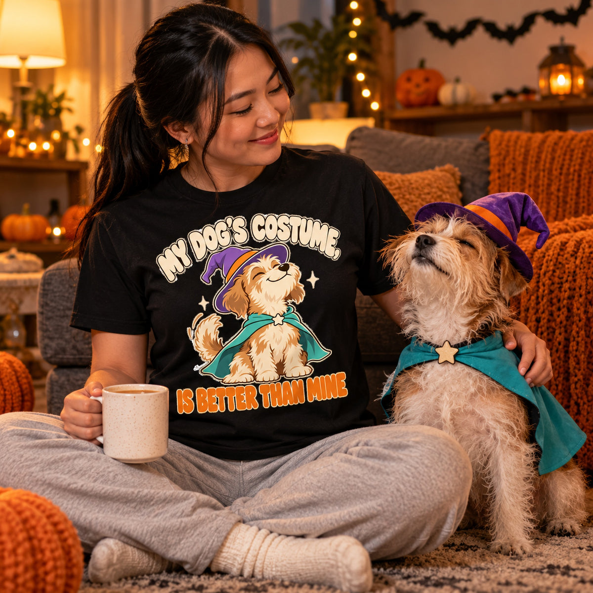 Woman wearing the Smug Witch Dog design black t-shirt on a cosy living room floor with her small dog in a witch costume