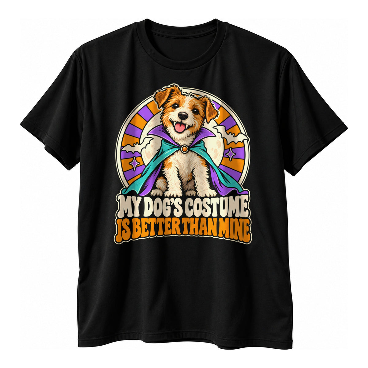 Black t-shirt with a terrier in a vampire cape on a moon and orange and purple sunburst circle above the text My Dog's Costume Is Better Than Mine