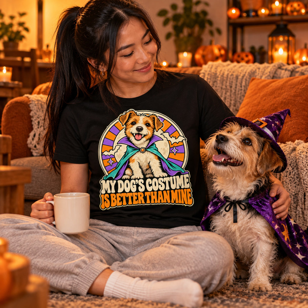 Woman wearing the Retro Vampire Pup Badge design black t-shirt on a cosy living room floor with her small dog in a witch costume