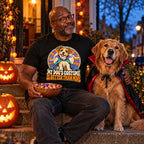Man wearing the Retro Vampire Pup Badge design black t-shirt on a porch on Halloween evening with his golden retriever in a vampire cape