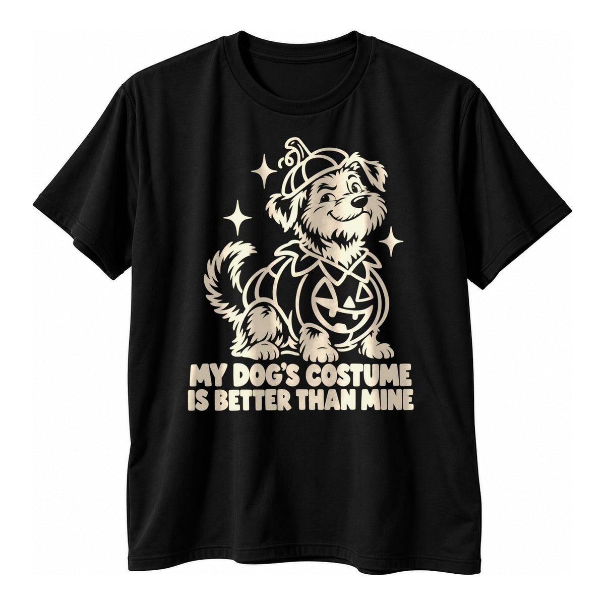 Black t-shirt with a cream outline terrier in a pumpkin outfit above the text My Dog's Costume Is Better Than Mine