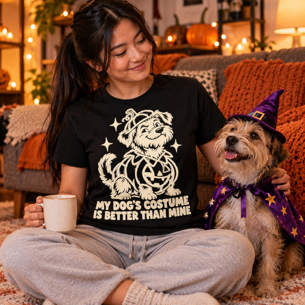 Woman wearing the Line Pumpkin Dog design black t-shirt on a cosy living room floor with her small dog in a witch costume