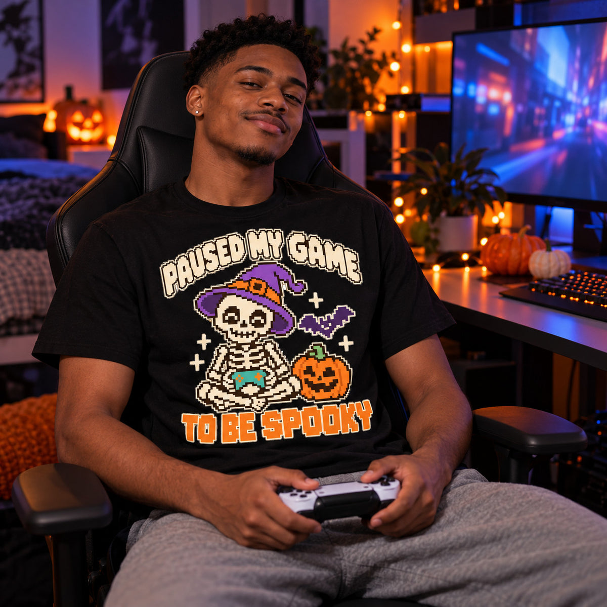 Man wearing the Pixel Skeleton Gamer design black t-shirt at a gaming desk in a bedroom with Halloween lights