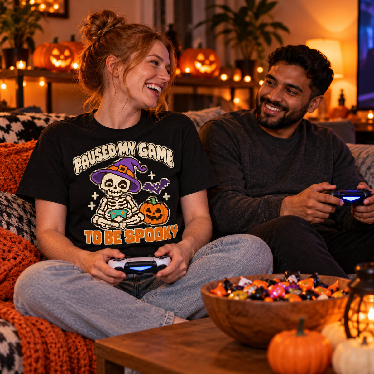 Couple wearing the Pixel Skeleton Gamer design black t-shirt on a sofa with controllers and Halloween pumpkins