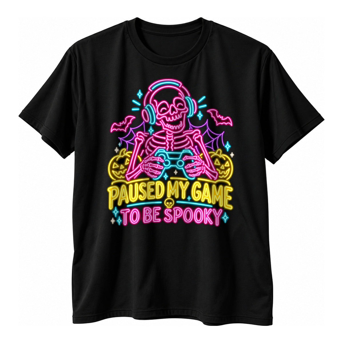 Black t-shirt with a glowing neon style skeleton in a headset holding a controller above the text Paused My Game To Be Spooky