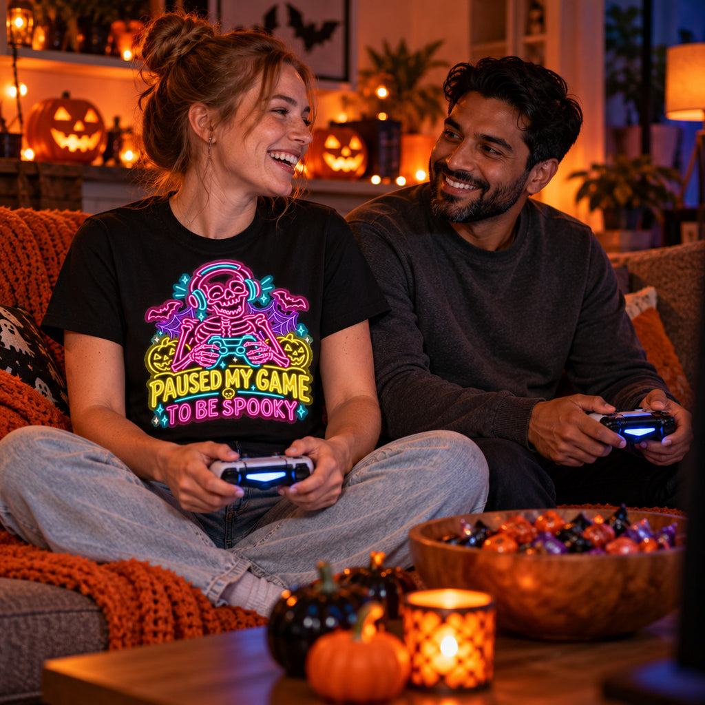 Couple wearing the Neon Skeleton Gamer design black t-shirt on a sofa with controllers and Halloween pumpkins