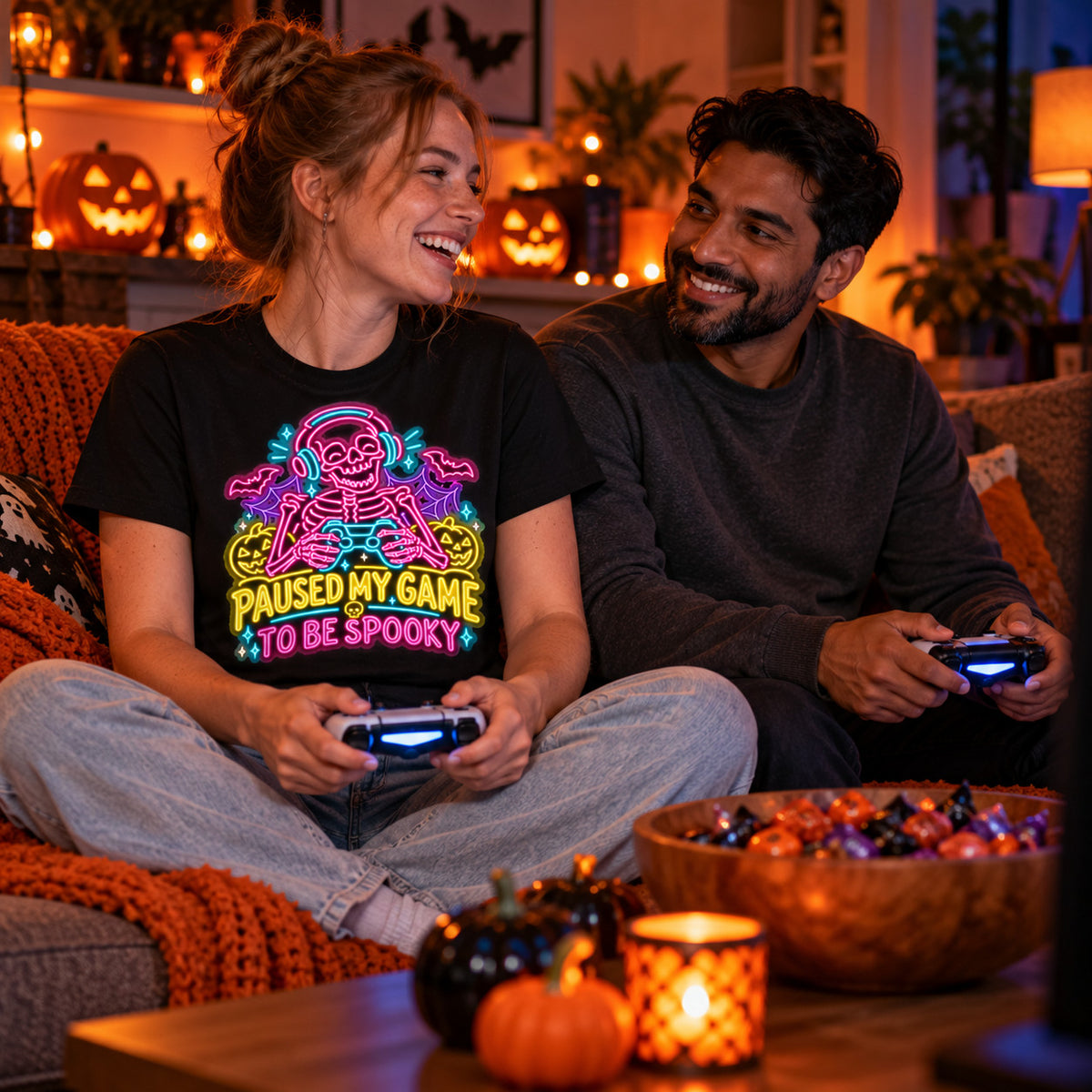 Couple wearing the Neon Skeleton Gamer design black t-shirt on a sofa with controllers and Halloween pumpkins