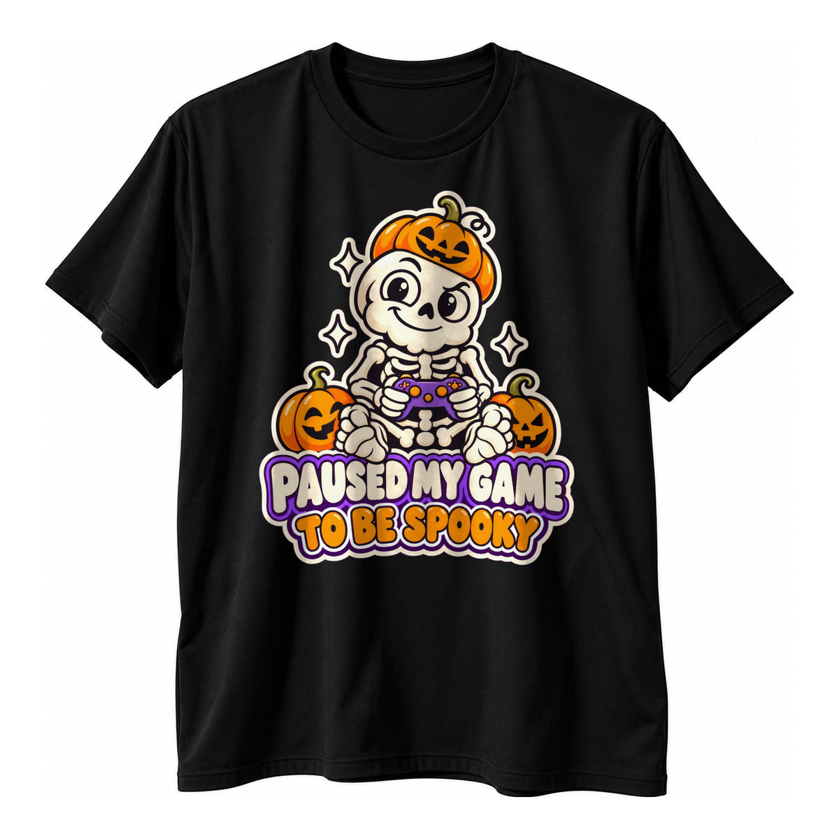 Black t-shirt with a cartoon sticker style skeleton wearing a pumpkin and holding a controller above the text Paused My Game To Be Spooky
