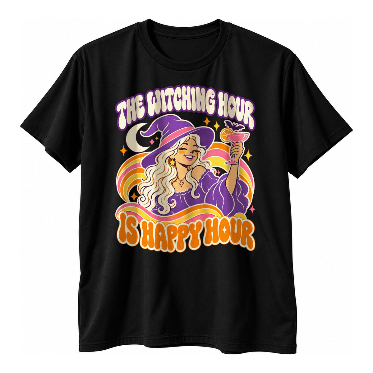 Black t-shirt with a smiling witch in a purple hat raising a pink cocktail on wavy rainbow stripes above the text The Witching Hour Is Happy Hour