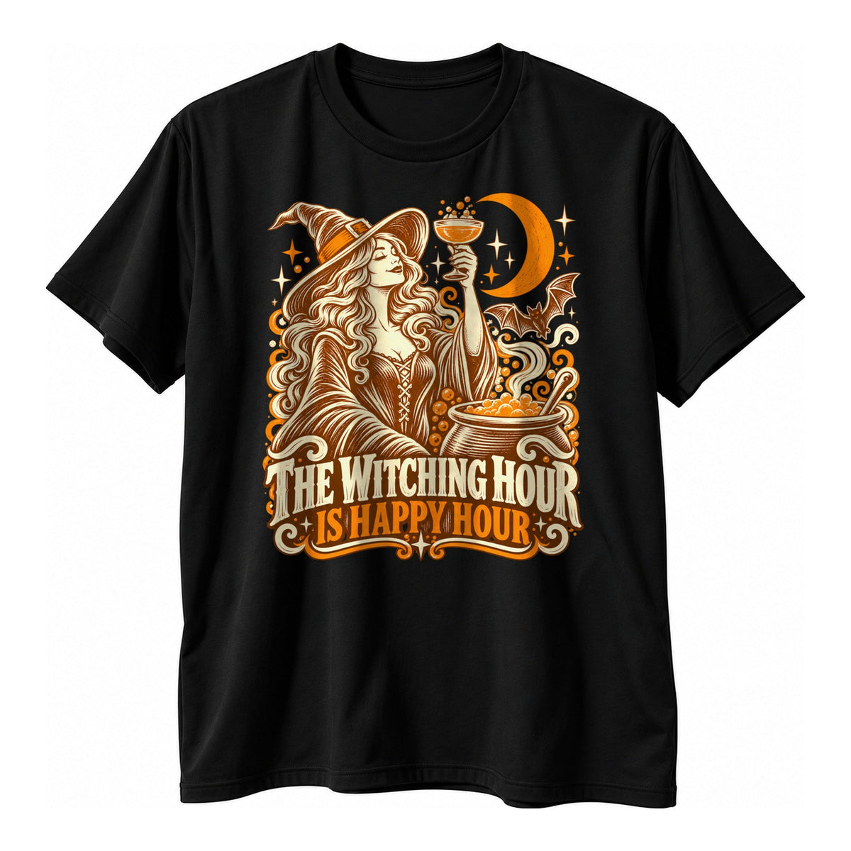 Black t-shirt with a vintage woodcut witch lifting a glass beside a cauldron and orange moon above the text The Witching Hour Is Happy Hour