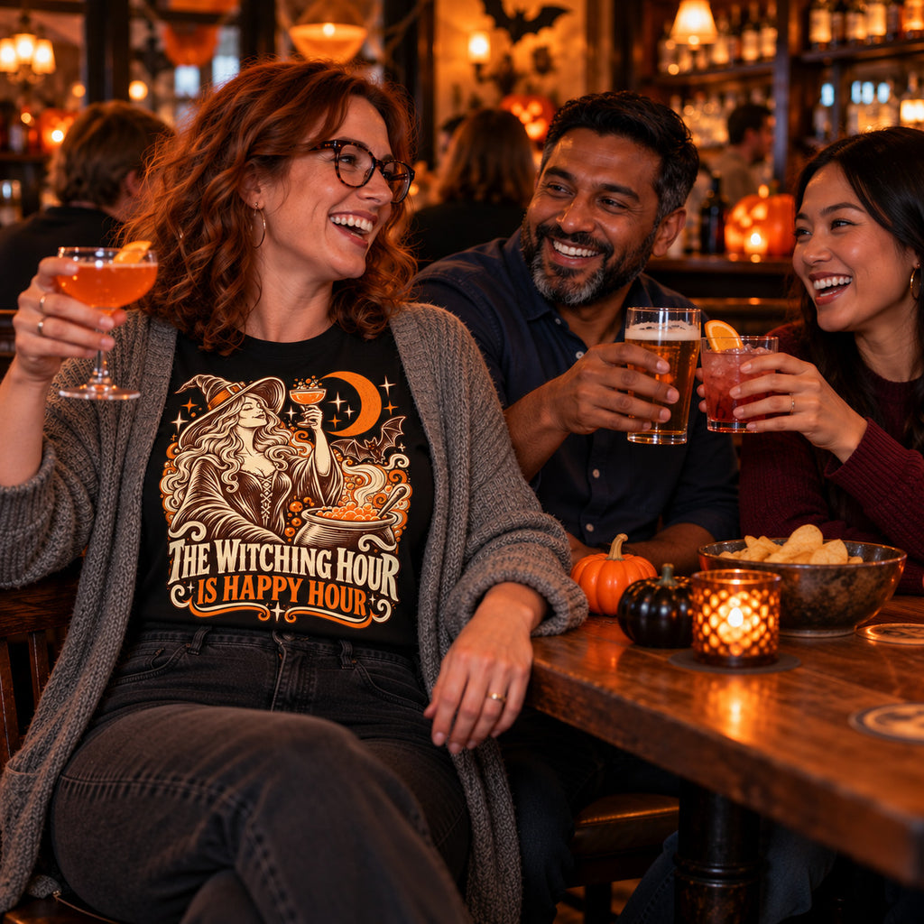 Colleagues wearing the Woodcut Witch Toast design black t-shirt toasting drinks at a pub table with small pumpkins
