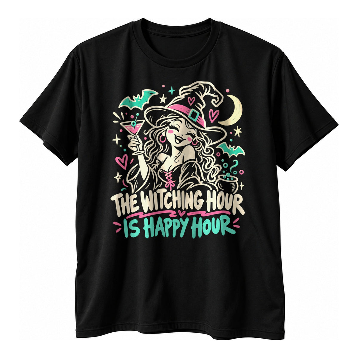 Black t-shirt with a hand drawn doodle witch holding a martini with bats and hearts above the text The Witching Hour Is Happy Hour