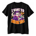 Black t-shirt with a cute cartoon vampire in a purple cape holding a teal teacup above the text I Vant To Drink Tea